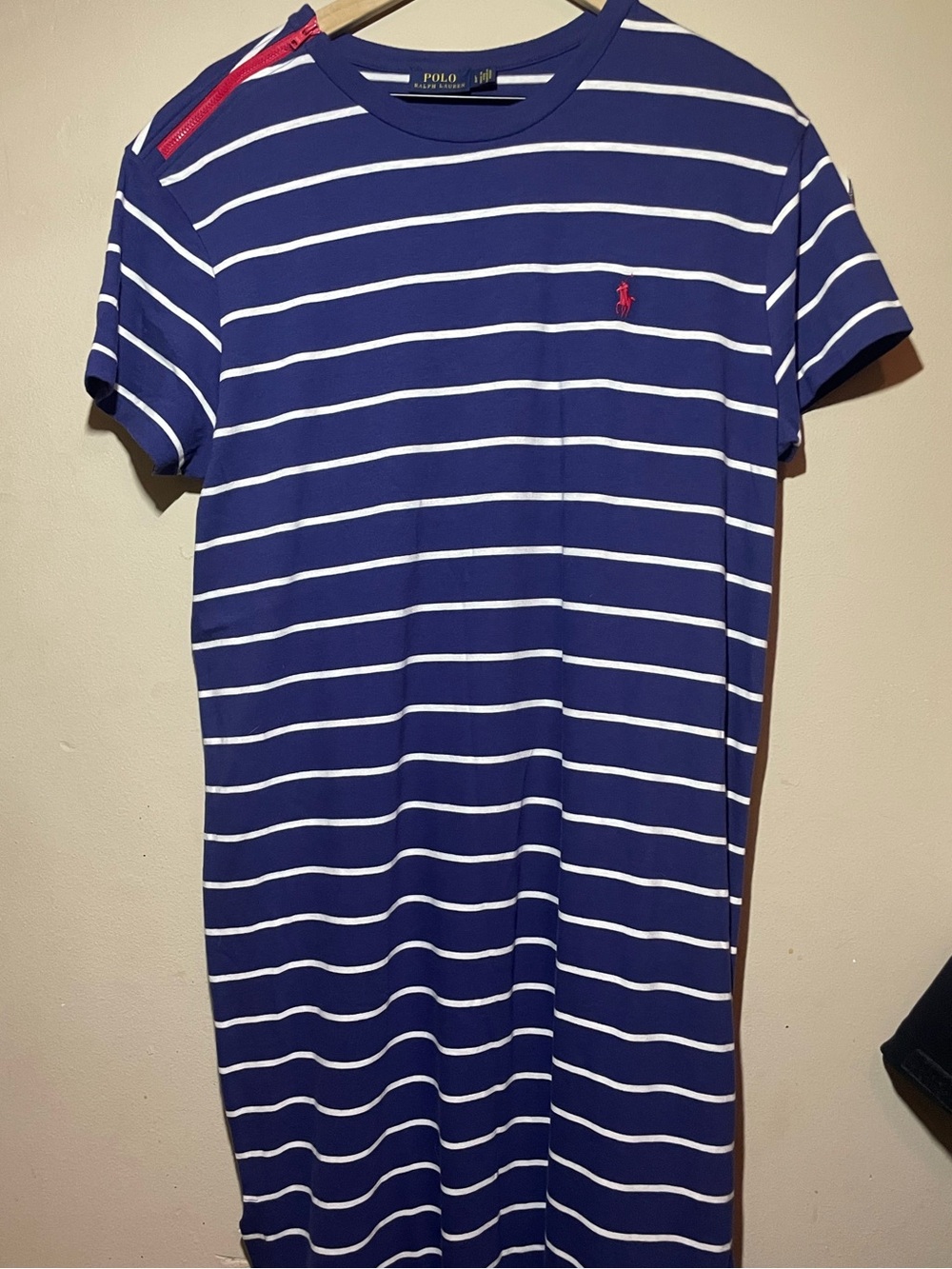 Ralph Lauren Blue & White Striped Maxi Dress with Red Logo, zipper detail-large